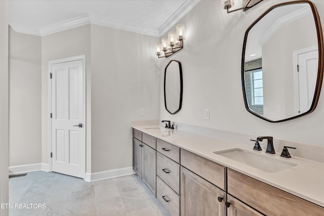 full bathroom featuring double vanity, baseboards, a sink, and crown molding