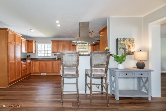 733 Waco Rd, Knoxville, TN 37919 - kitchen with island exhaust hood, ornamental molding, a kitchen bar, dark countertops, and dark wood finished floors