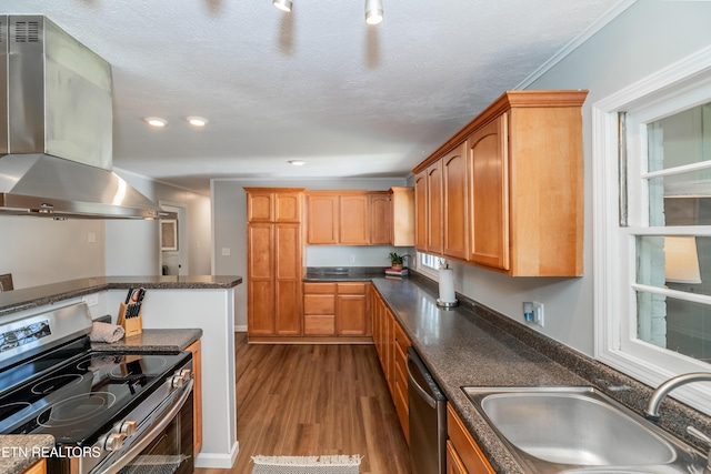 733 Waco Rd, Knoxville, TN 37919 - kitchen featuring recessed lighting, stainless steel appliances, a sink, dark wood-style floors, and ventilation hood