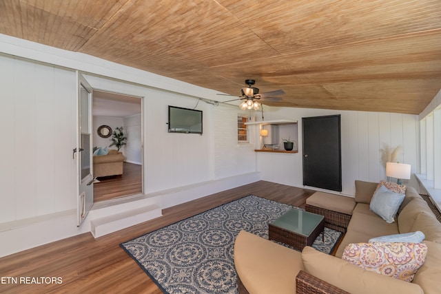 733 Waco Rd, Knoxville, TN 37919 - living room featuring ceiling fan, wood finished floors, vaulted ceiling, and wooden ceiling