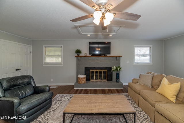 733 Waco Rd, Knoxville, TN 37919 - living room with crown molding, attic access, wood finished floors, baseboards, and ceiling fan