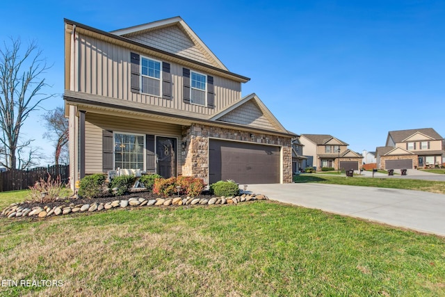 view of front of house featuring stone siding, a garage, concrete driveway, a front lawn, and board and batten siding