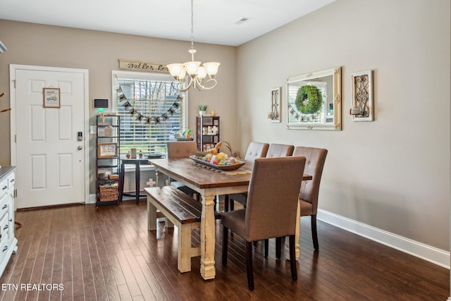 dining room with baseboards, visible vents, a chandelier, and dark wood finished floors