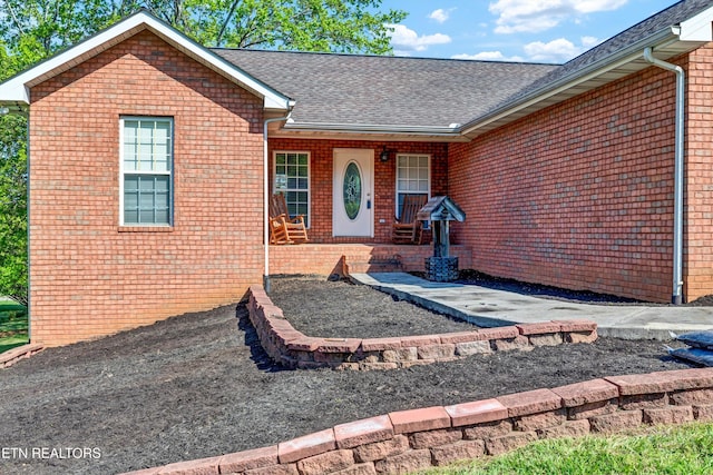 doorway to property with roof with shingles, covered porch, and brick siding