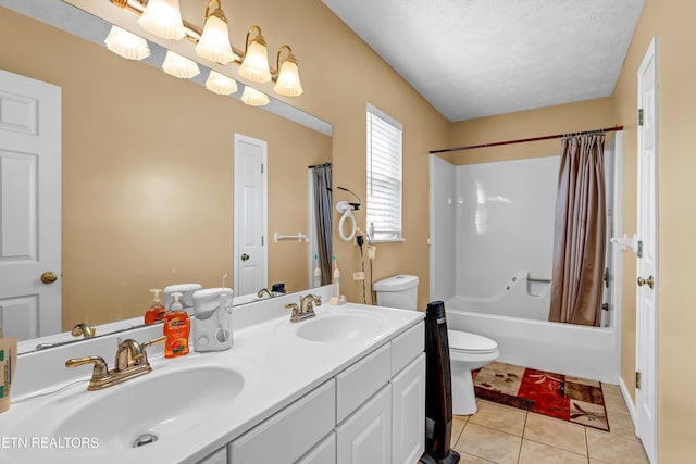full bath featuring toilet, a sink, shower / bath combo with shower curtain, tile patterned floors, and double vanity