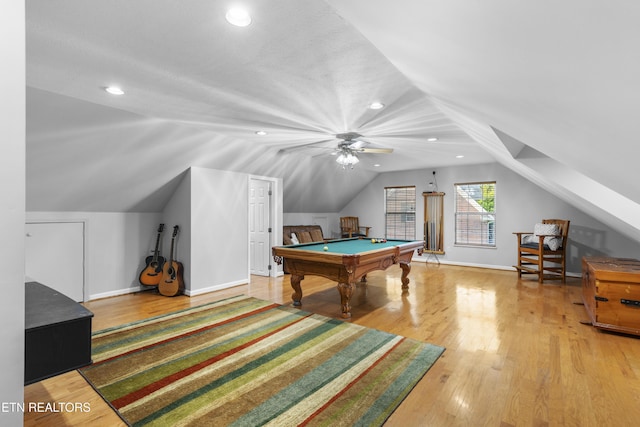 rec room with recessed lighting, billiards, vaulted ceiling, and baseboards