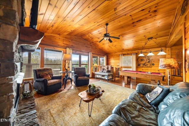 living room with wooden ceiling, wood finished floors, wood walls, pool table, and lofted ceiling