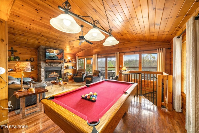 rec room with wooden ceiling, wood walls, a fireplace, and hardwood / wood-style flooring