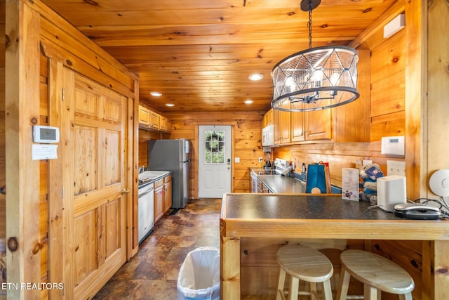 kitchen featuring dishwashing machine, wood ceiling, wood walls, and range with electric stovetop