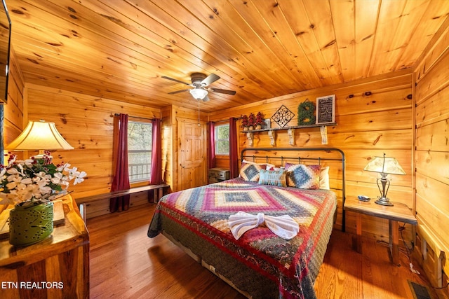 bedroom featuring wooden walls, visible vents, wooden ceiling, and wood finished floors