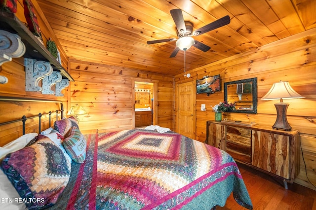 bedroom with wooden walls, wood ceiling, and wood finished floors