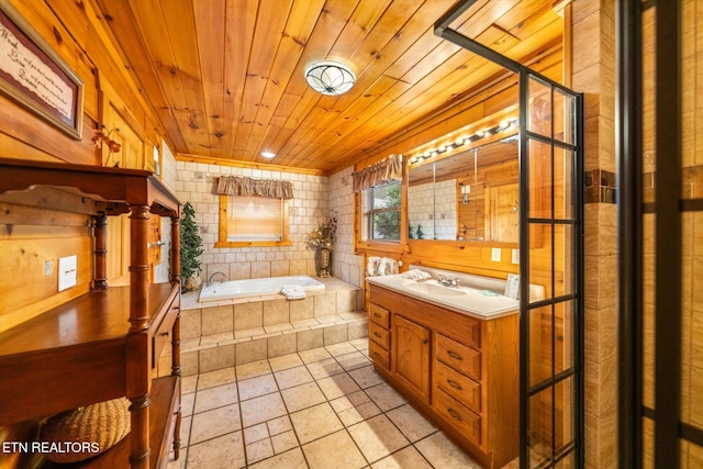 bathroom featuring tile patterned flooring, a bath, vanity, and wood ceiling