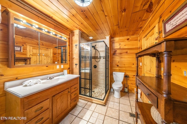 bathroom with vanity, a stall shower, toilet, wood walls, and wooden ceiling