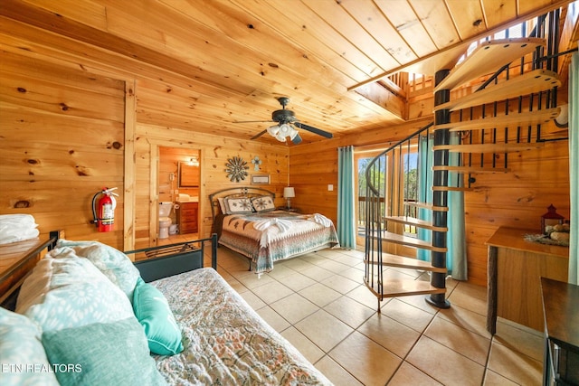 tiled bedroom with access to outside, wooden ceiling, and wooden walls