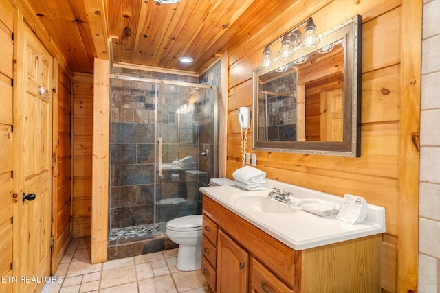 full bathroom featuring wooden walls, toilet, a shower stall, and wood ceiling