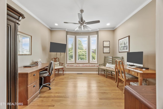 1647 Banebury Ln, Alcoa, TN 37701 - office area featuring light wood-type flooring, crown molding, a ceiling fan, and recessed lighting