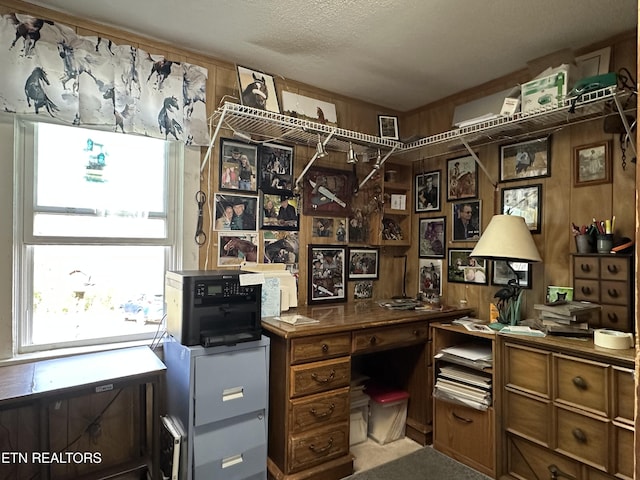 office area with wood walls