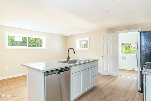 kitchen featuring a sink, plenty of natural light, light wood-type flooring, and appliances with stainless steel finishes