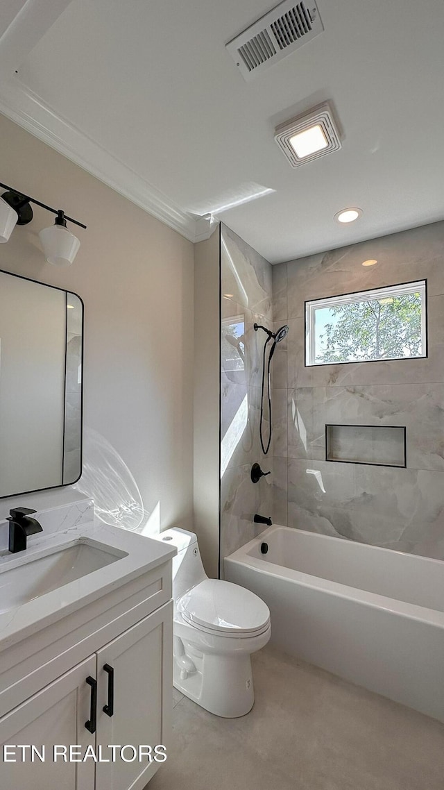 409 Goweli Trl, Vonore, TN 37885 - bathroom featuring toilet, bathtub / shower combination, vanity, and recessed lighting