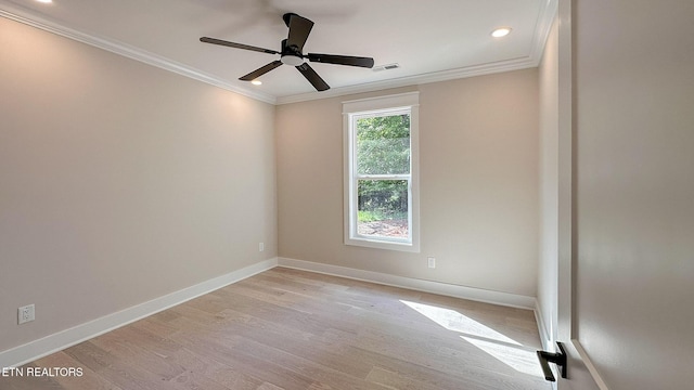 409 Goweli Trl, Vonore, TN 37885 - spare room with ornamental molding, baseboards, light wood finished floors, ceiling fan, and recessed lighting