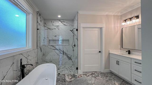 409 Goweli Trl, Vonore, TN 37885 - full bath with marble finish flooring, a marble finish shower, a freestanding bath, vanity, and ornamental molding