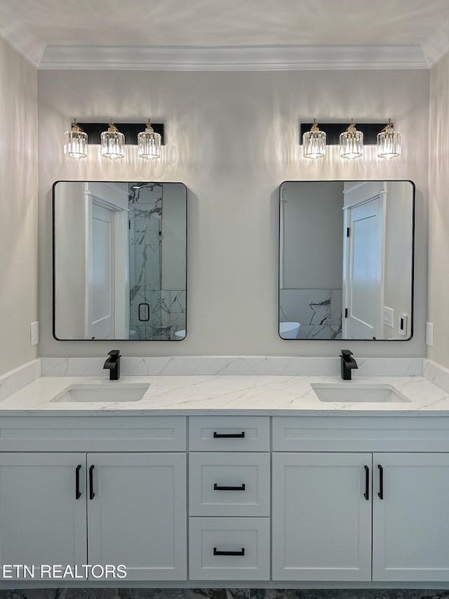 409 Goweli Trl, Vonore, TN 37885 - bathroom featuring double vanity, crown molding, and a stall shower