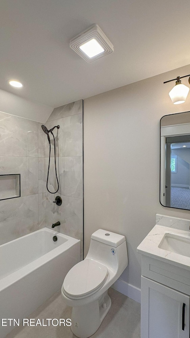 409 Goweli Trl, Vonore, TN 37885 - full bath with toilet, vanity, bathing tub / shower combination, and baseboards