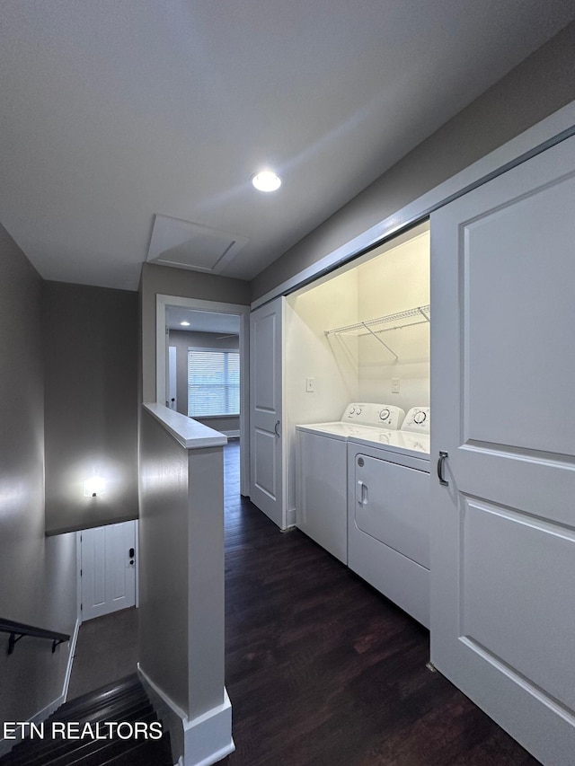 laundry area with laundry area, recessed lighting, attic access, dark wood-type flooring, and separate washer and dryer