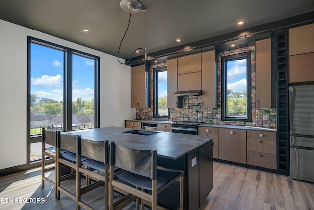 210 Granite Dr, Sevierville, TN 37876 - kitchen featuring a wealth of natural light, light wood finished floors, tasteful backsplash, under cabinet range hood, and stainless steel appliances