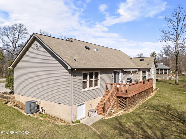 118 Windsor Rd, Crossville, TN 38558 - back of property with central AC unit, a deck, stairway, and a yard