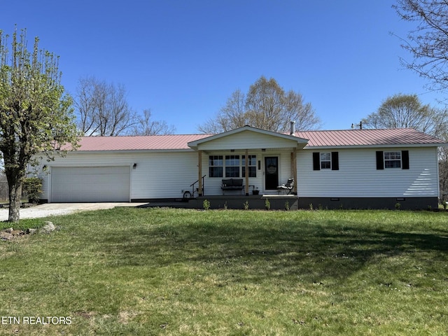 1347 Leffle Webb Rd, Crossville, TN 38572 - ranch-style house with metal roof, a garage, crawl space, and a front yard