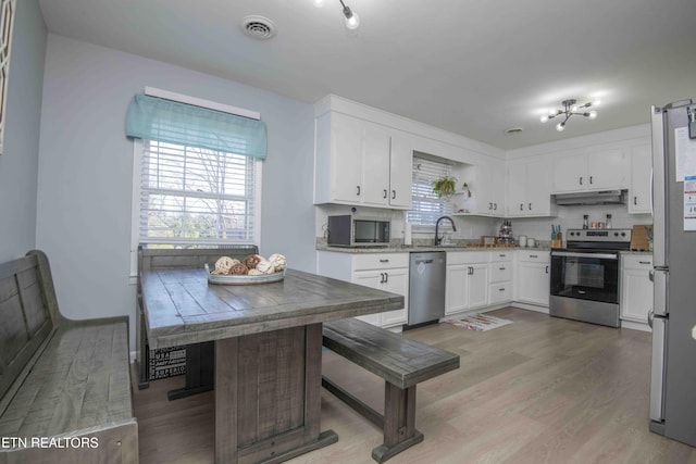 kitchen featuring a sink, under cabinet range hood, stainless steel appliances, visible vents, and white cabinets