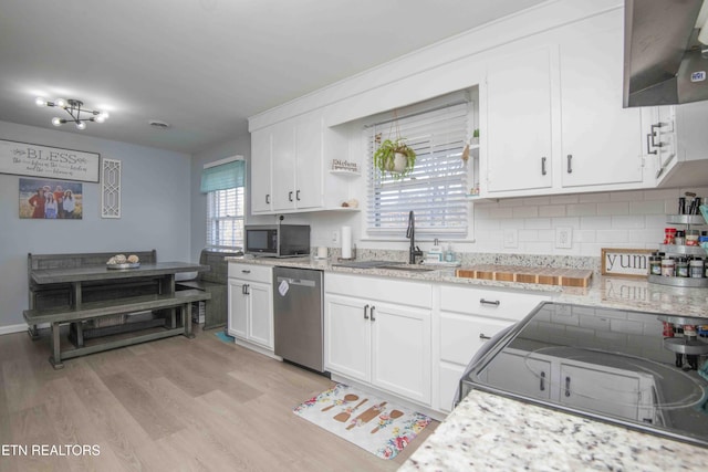 kitchen featuring white cabinetry, a sink, appliances with stainless steel finishes, and light wood-type flooring