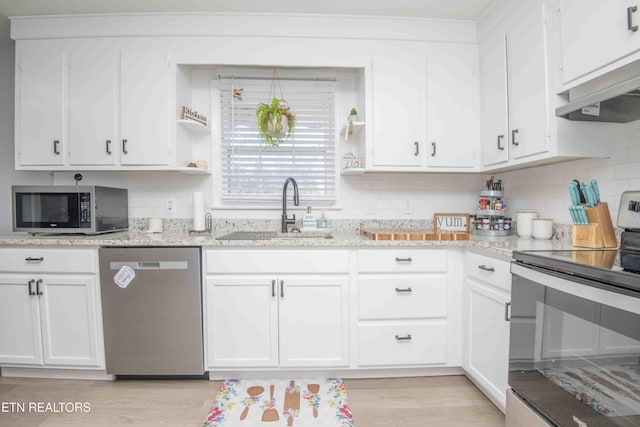 kitchen featuring white cabinets, a sink, appliances with stainless steel finishes, and decorative backsplash