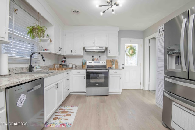 kitchen featuring a sink, appliances with stainless steel finishes, under cabinet range hood, visible vents, and white cabinets