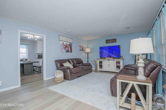 living room with baseboards and wood finished floors