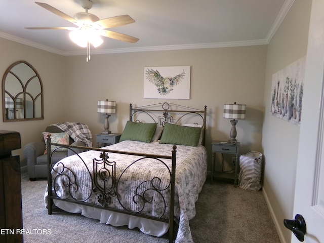 bedroom with ceiling fan, crown molding, baseboards, and carpet floors