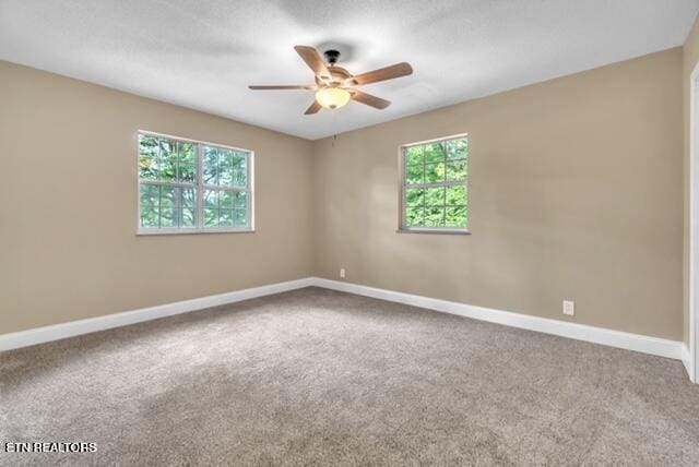 empty room featuring baseboards, a ceiling fan, and carpet flooring