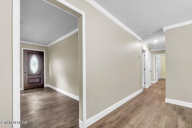 entrance foyer featuring crown molding, wood finished floors, and baseboards