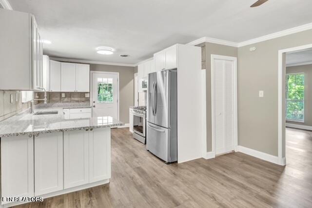 kitchen featuring a sink, light wood-style flooring, crown molding, and stainless steel appliances
