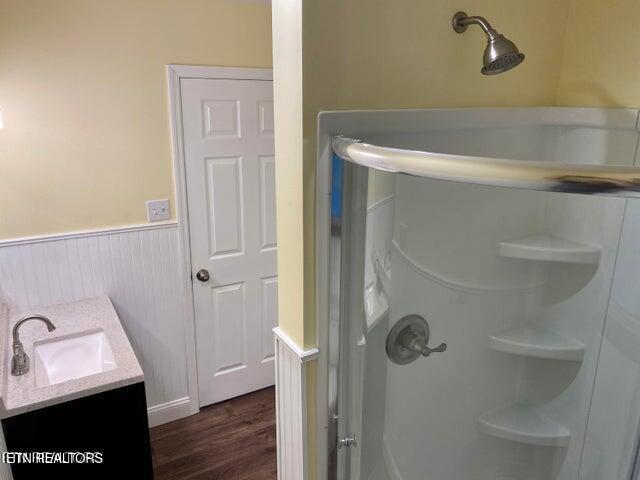full bath with vanity, walk in shower, a wainscoted wall, and wood finished floors