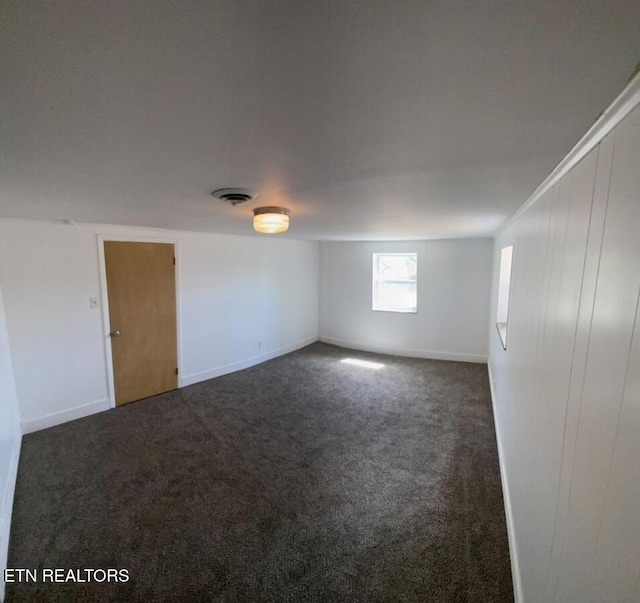 spare room with dark carpet, visible vents, and baseboards