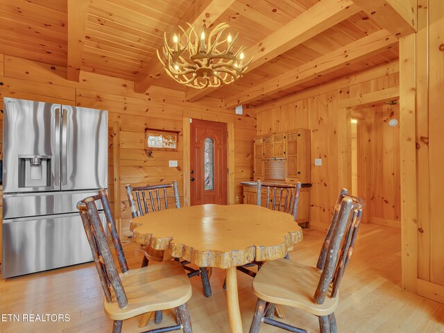 2164 Newt Huff Ln, Sevierville, TN 37862 - dining room with wood ceiling, beam ceiling, a chandelier, and light wood-type flooring