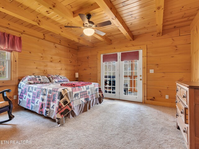 2164 Newt Huff Ln, Sevierville, TN 37862 - bedroom with wood ceiling, access to exterior, wood walls, and beamed ceiling