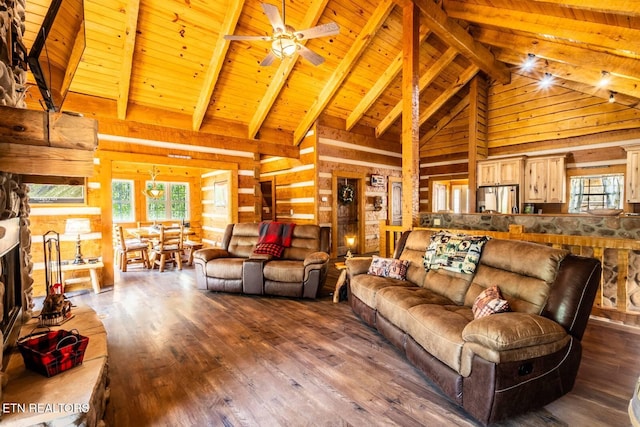 living area featuring a healthy amount of sunlight, wood finished floors, and wooden walls