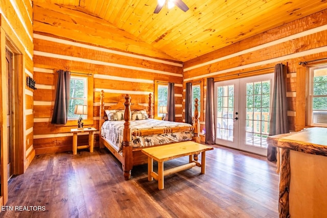 bedroom with dark wood finished floors, lofted ceiling, wooden ceiling, french doors, and access to outside