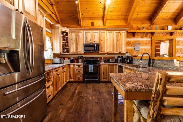kitchen with dark wood-style floors, a sink, stone countertops, wooden ceiling, and black appliances