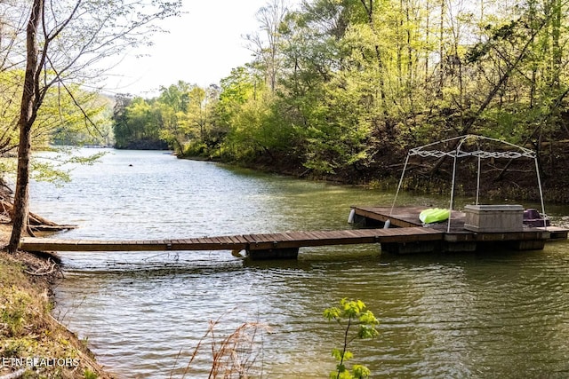 view of dock featuring a view of trees and a water view