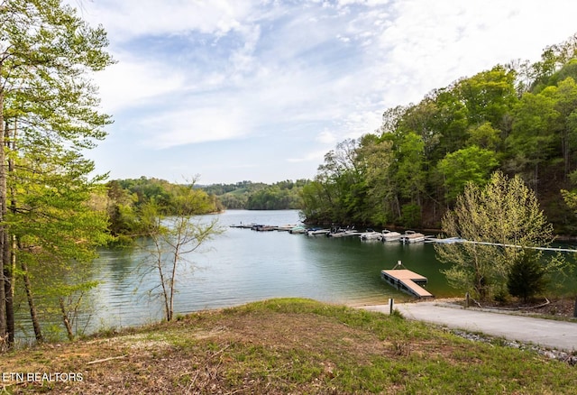 property view of water featuring a floating dock and a forest view