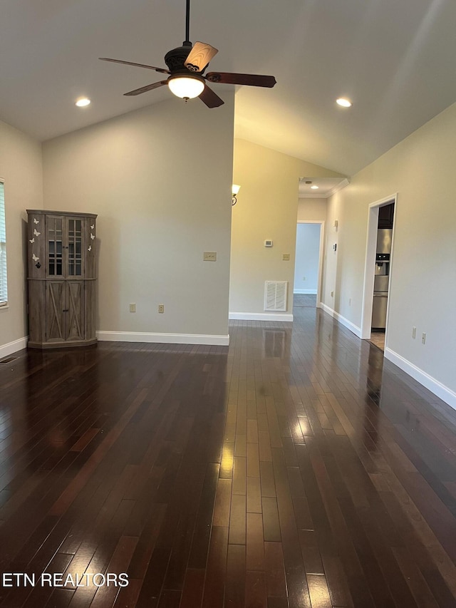 891 Forgety Rd, Jefferson City, TN 37760 - unfurnished living room with lofted ceiling, dark wood-style flooring, ceiling fan, and recessed lighting